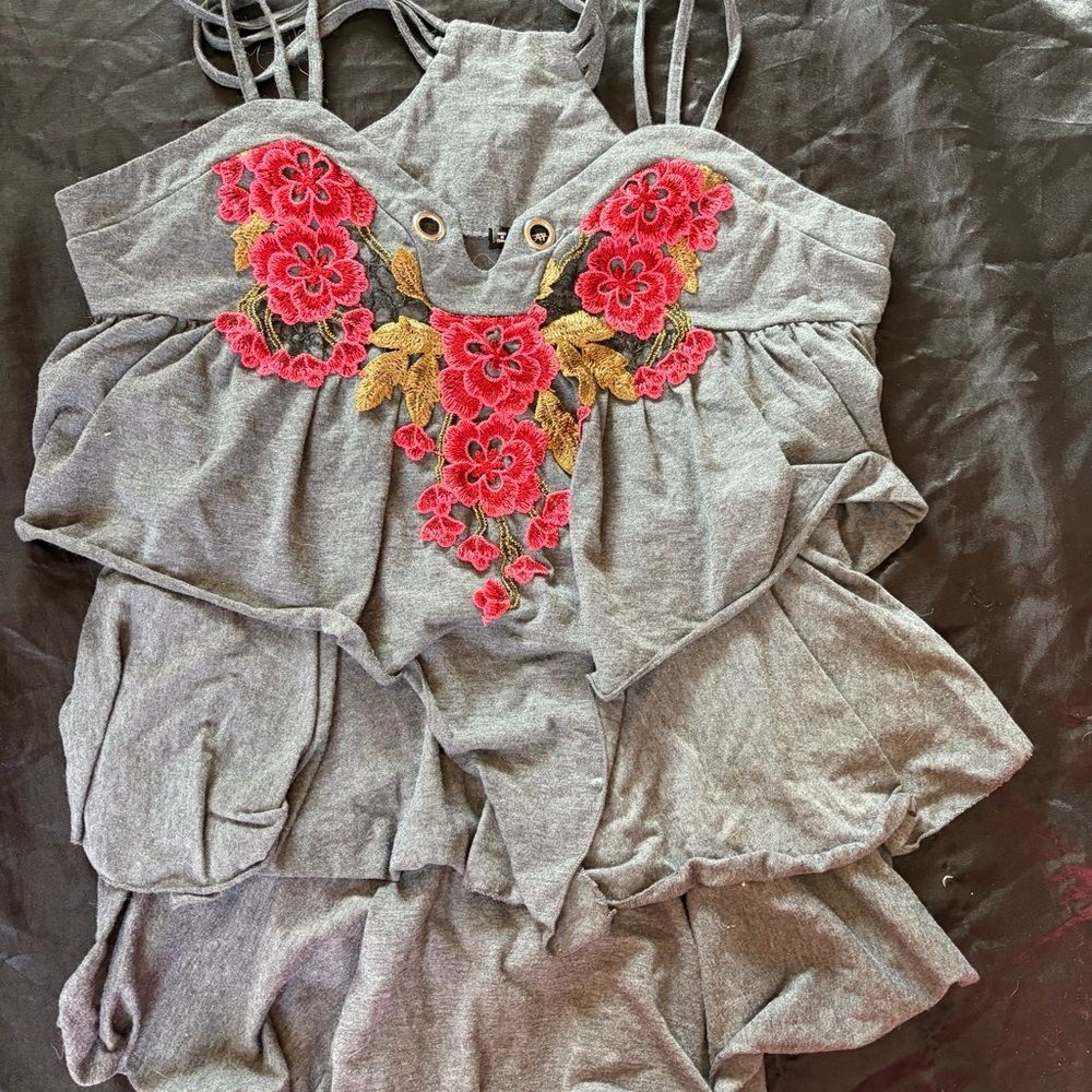 Gray Floral Embroidered Women's Top